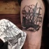 Engraving style black ink thigh tattoo of large ship