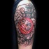 Engraving style colored tattoo of daruma doll with old house