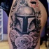 Engraving style colored thigh tattoo of Star Wars soldier with flowers