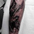 Excellent black ink Spartan warriors tattoo on forearm with lightning