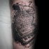 Fabulous realism style black and white leg tattoo of powerful car engine