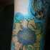 Fairy tale cartoon bee and sunflower naturally colored tattoo with pale blue haze