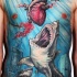 Fantastic illustrative style colored underwater city with sharks tattoo on chest and belly