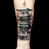Fantastic natural looking colored forearm tattoo of antic Asian temple
