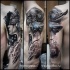 Fantasy style colored sleeve tattoo of amazing woman with lettering and cool helmet