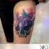 Fantasy style colored tattoo of human skull and space fog
