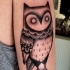 Tatuaje en el brazo,  lechuza estilizada misteriosa con cráneo