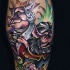 Funny cartoon style colored leg tattoo of fantasy pig king