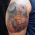 Funny looking old cartoon like Sailor Popeye tattoo with big battle ship