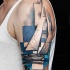 Geometrical style colored shoulder tattoo of sailing ship