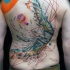 Geometrical style colored whole back tattoo of Icarus with figures
