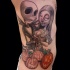 Giant Jack Skellington and Sally in love cartoon couple side colored tattoo with Halloween pumpkins