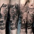 Gray washed style arm tattoo of woman face with skull and chess