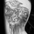 Gray washed style detailed biceps tattoo of Cerberus dog