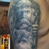 Gray washed style detailed shoulder tattoo of wizard with wolf