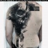 Gray washed style large detailed back tattoo of human skull with geometrical ornaments