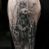 Gray washed style shoulder tattoo of creepy looking bird skeleton king with forest