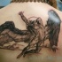 Homemade style black and gray upper back tattoo of falling Icarus