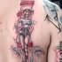 Homemade style colored back tattoo of lighthouse with sexy sailor woman