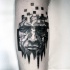 Illustrative style black and white man picture tattoo on leg