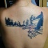 Illustrative style black ink forest house tattoo on back