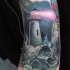 Illustrative style colored arm tattoo of lighthouse with skull and pink beam
