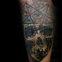 Illustrative style colored arm tattoo of human skull with dark star
