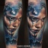 Illustrative style colored arm tattoo of woman portrait