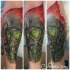 Illustrative style colored arm tattoo of fantasy man with gas mask