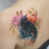 Illustrative style colored beautiful cat with flowers tattoo on back