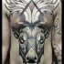 Illustrative style colored chest and belly tattoo of deer with triangle