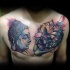 Illustrative style colored chest tattoo of Buddha statue with lotus flower
