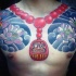 Illustrative style colored chest tattoo of daruma doll necklace and flowers