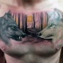 Illustrative style colored chest tattoo of black and white wolves in dark forest