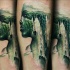 Illustrative style colored forearm tattoo of man portrait stylized with waterfall