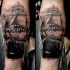 Illustrative style colored forearm tattoo of vintage sailing ship