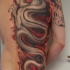 Illustrative style colored half back tattoo of big dragon