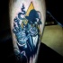 Illustrative style colored leg tattoo of creepy mummy
