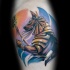 Illustrative style colored leg tattoo of fabulous Egypt God statue