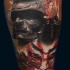 Illustrative style colored leg tattoo of evil samurai with helmet