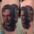 Illustrative style colored leg tattoo of movie hero