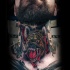 Illustrative style colored neck tattoo of evil dog and woman portrait