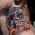 Illustrative style colored neck tattoo of owl