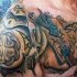 Illustrative style colored shoulder and chest tattoo of Celtic like armor