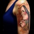 Illustrative style colored shoulder tattoo of tribal woman with bird