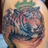 Illustrative style colored shoulder tattoo of demonic tiger