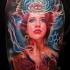 Illustrative style colored shoulder tattoo of woman face with mystical eye in sky