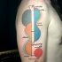 Illustrative style colored shoulder tattoo of various figures and lettering