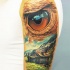 Illustrative style colored shoulder tattoo of mountain house with eagle eye