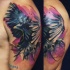 Illustrative style colored shoulder tattoo of flying crow